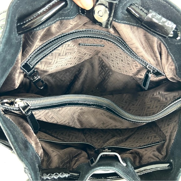 COLE HAAN Black Suede w Patent Leather Side Buckle Pockets Shoulder Bag Tote - Picture 9 of 14
